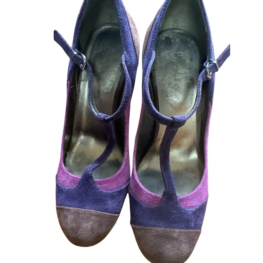 Boden Suede Leather T Strap High‎ Heel Pumps Brown Purple Retro Womens Shoes - Picture 6 of 6